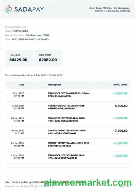 Pakistan SadaPay account statement Word and PDF template